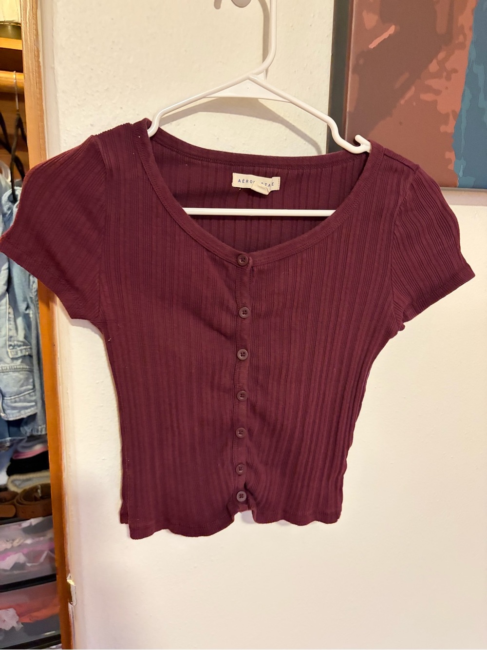 Aeropostale Ribbed Button-Front Crop Top - Burgundy